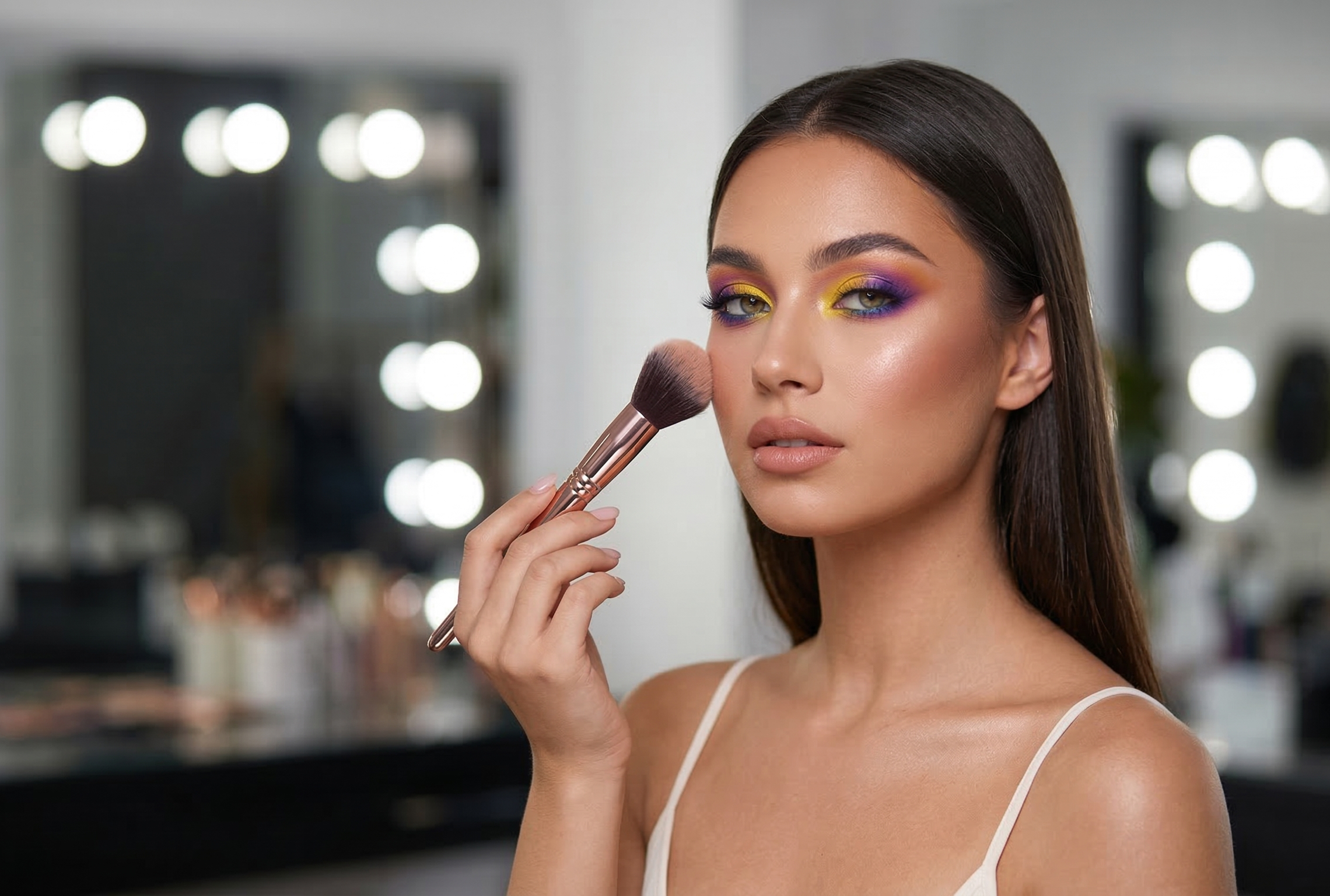 Woman applying makeup brush